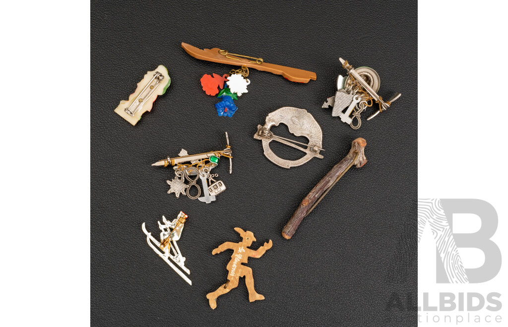 Collection of (8) Interesting Vintage Travel Brooches Including From Wien Austria