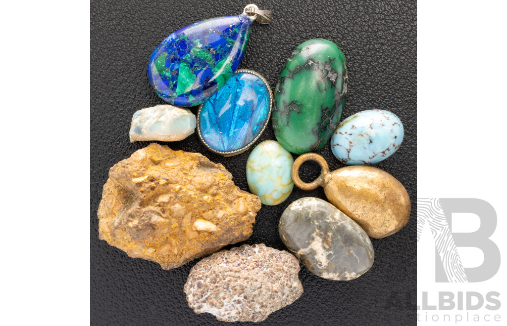 Collection of Natural Gemstones, Including (3) Turquoise Cabochons & Lapis/Malachite Pendant