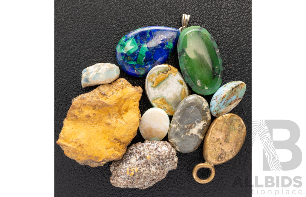 Collection of Natural Gemstones, Including (3) Turquoise Cabochons & Lapis/Malachite Pendant