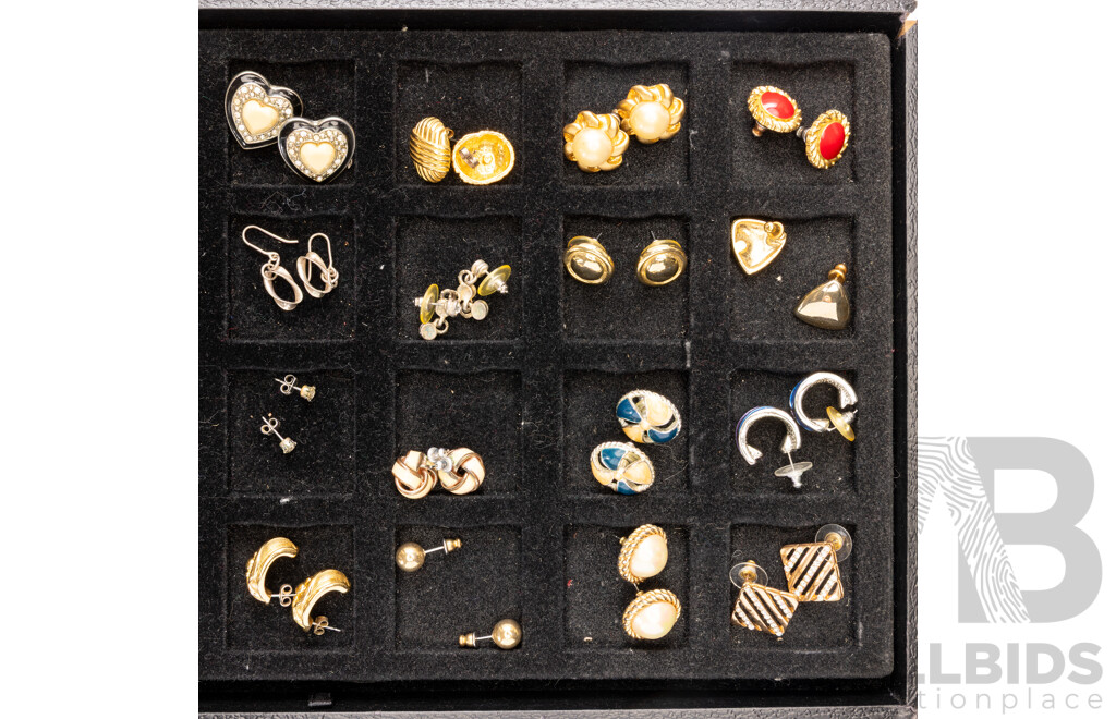 Collection of 34 Pairs of Stud and Drop Earrings on Display Tray