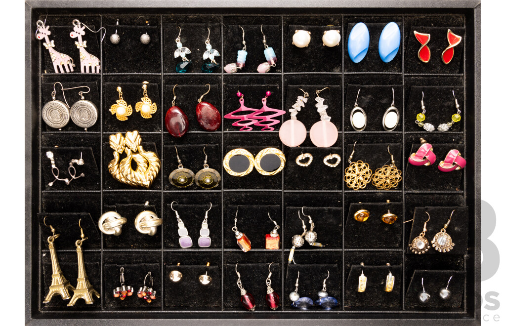 Collection of 34 Pairs of Stud and Drop Earrings on Display Tray