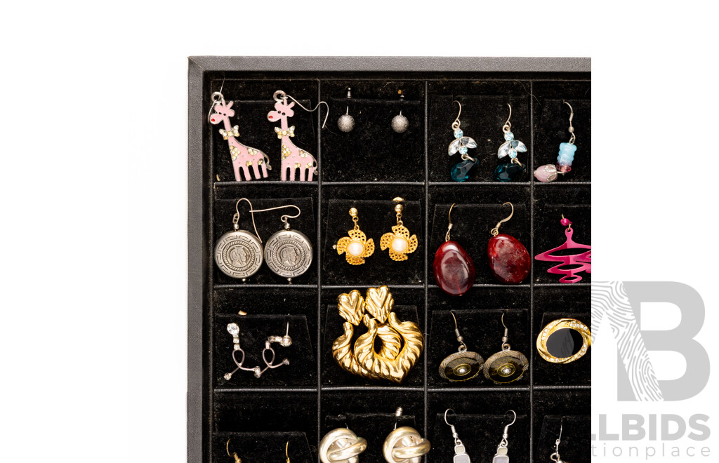 Collection of 34 Pairs of Stud and Drop Earrings on Display Tray