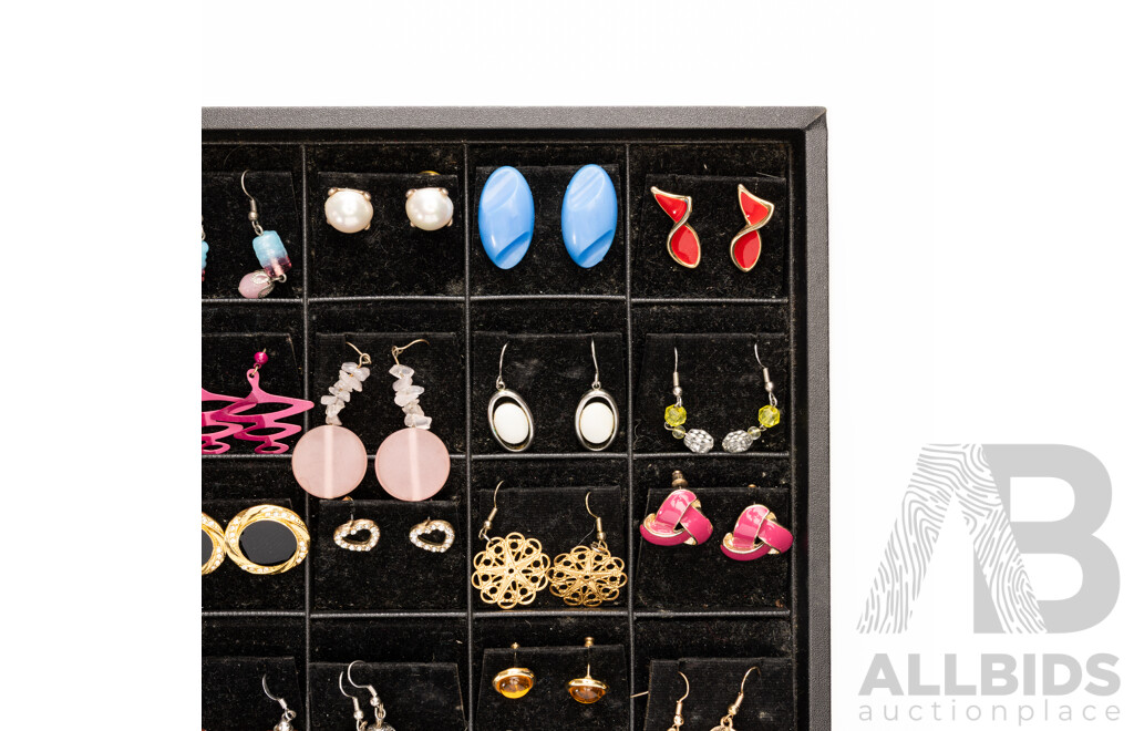 Collection of 34 Pairs of Stud and Drop Earrings on Display Tray