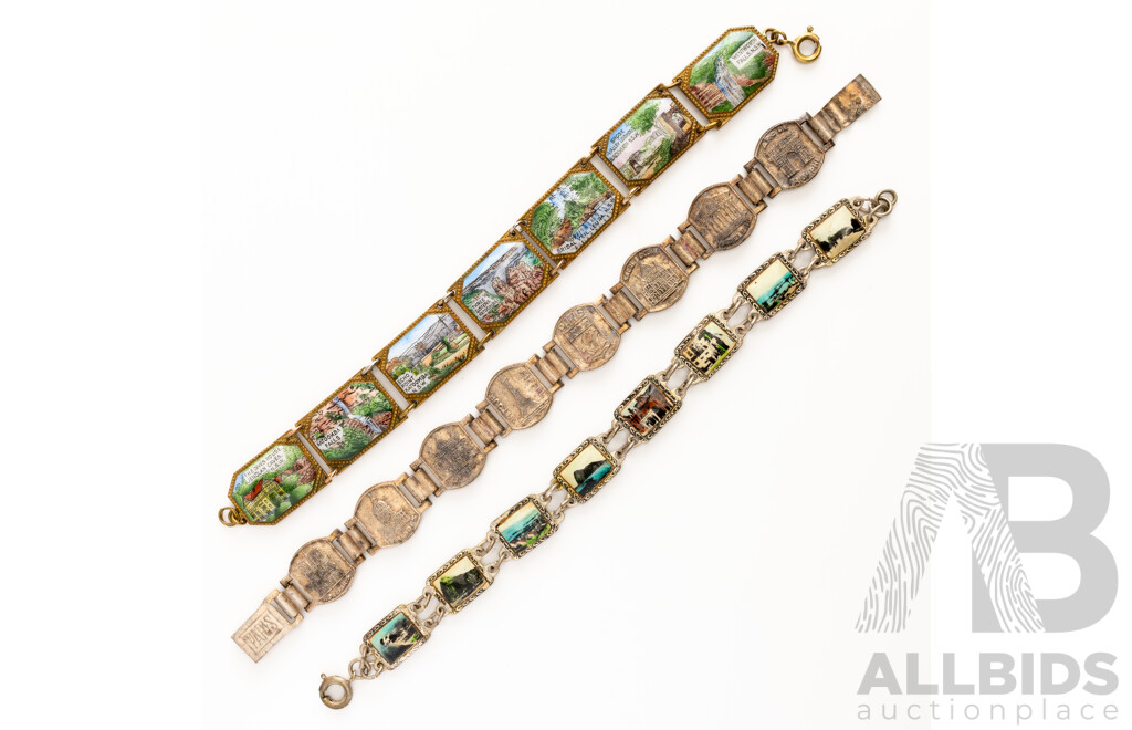 Vintage (3) Souvenier Travel Bracelets Including Enamel Blue Mountains Story Bracelet & Paris Bracelet, Both C.1950