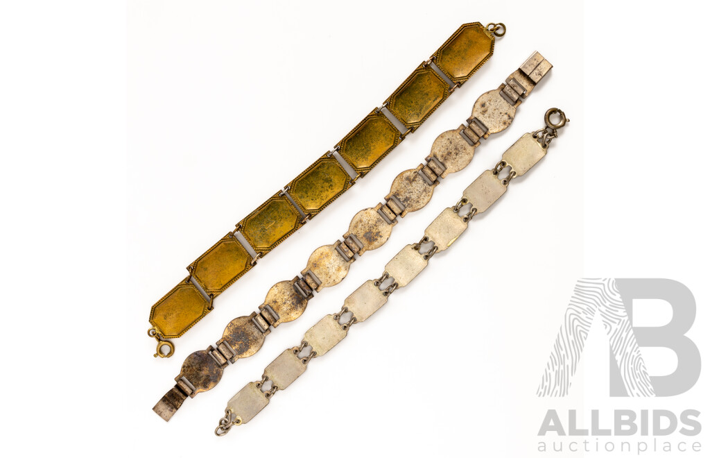 Vintage (3) Souvenier Travel Bracelets Including Enamel Blue Mountains Story Bracelet & Paris Bracelet, Both C.1950