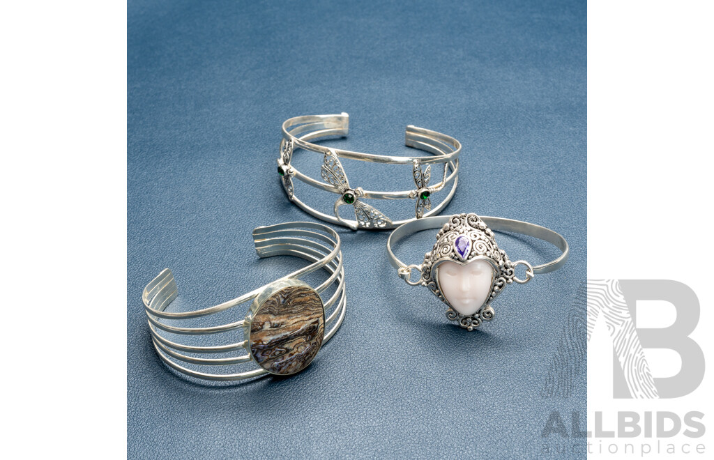 Collection of (3) Sterling Silver Cuff Bangles with Gemstones, 60.0 Grams - as New