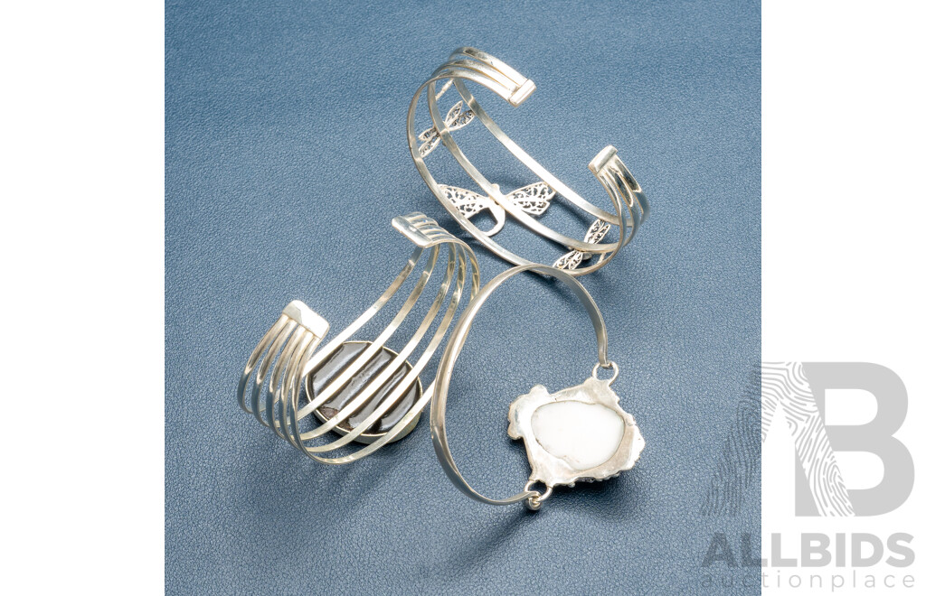 Collection of (3) Sterling Silver Cuff Bangles with Gemstones, 60.0 Grams - as New