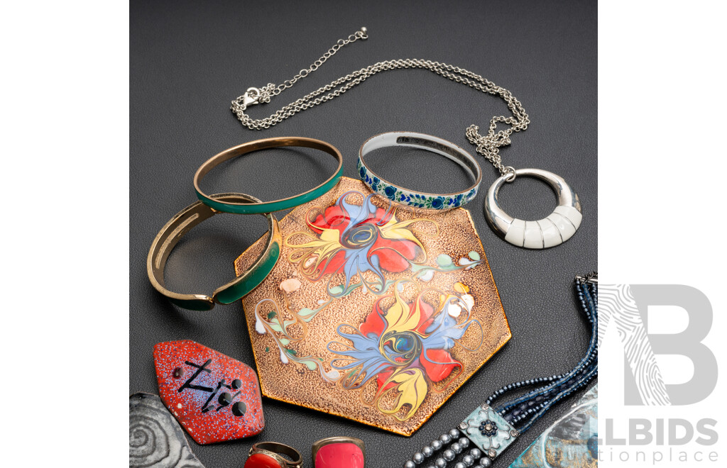 Collection of Vintage Enamel Finish Jewellery Items Including Handmade Enamel Floral Bangle, 58mm Diameter