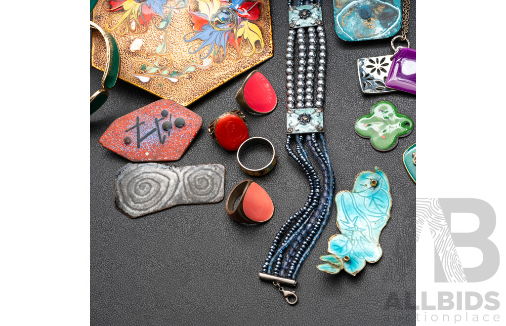 Collection of Vintage Enamel Finish Jewellery Items Including Handmade Enamel Floral Bangle, 58mm Diameter