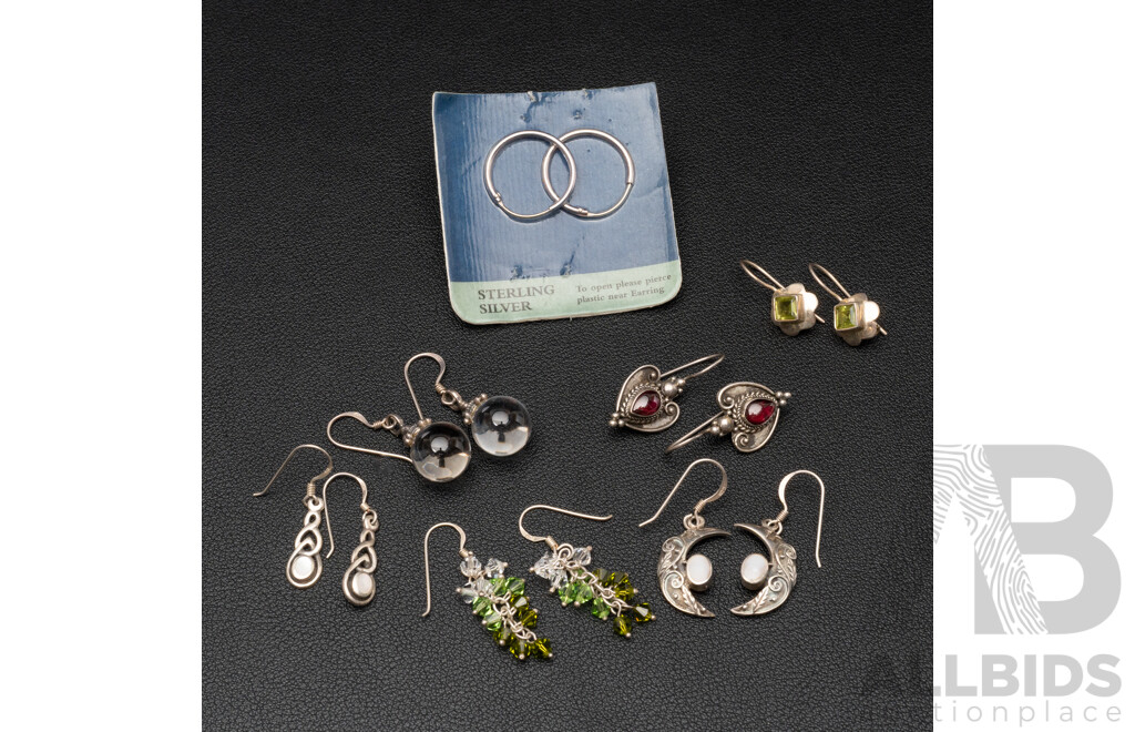 Collection of (7) Pairs of Sterling Silver Earrings on Shepherds Hooks & Hoops, 27.0 Grams