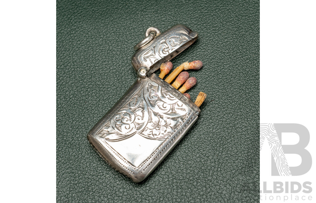 Antique Sterling Silver Vesta Box Fob Pendant with Matches, Birmingham 1911, 48mm Long, 11.01 Grams