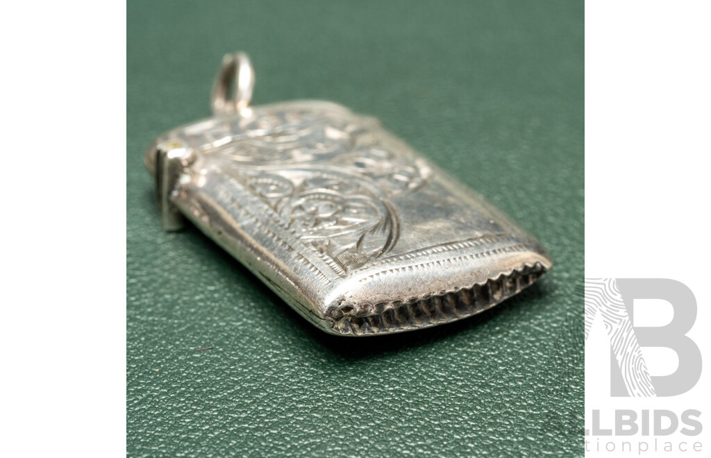 Antique Sterling Silver Vesta Box Fob Pendant with Matches, Birmingham 1911, 48mm Long, 11.01 Grams