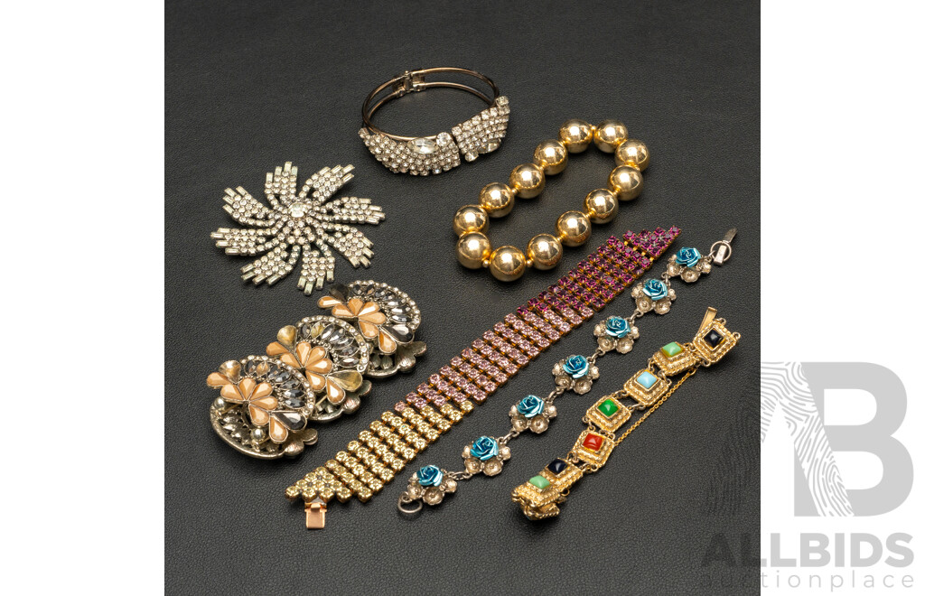 Collection of (6) Vintage Bracelets & Large Vintage Rhinestone Brooch