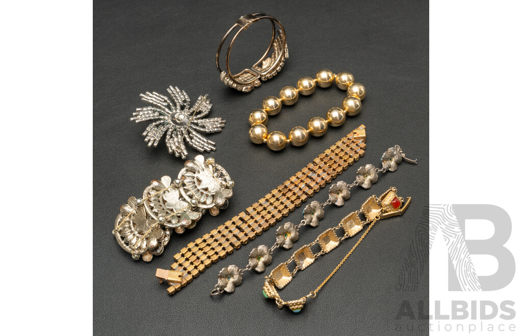 Collection of (6) Vintage Bracelets & Large Vintage Rhinestone Brooch