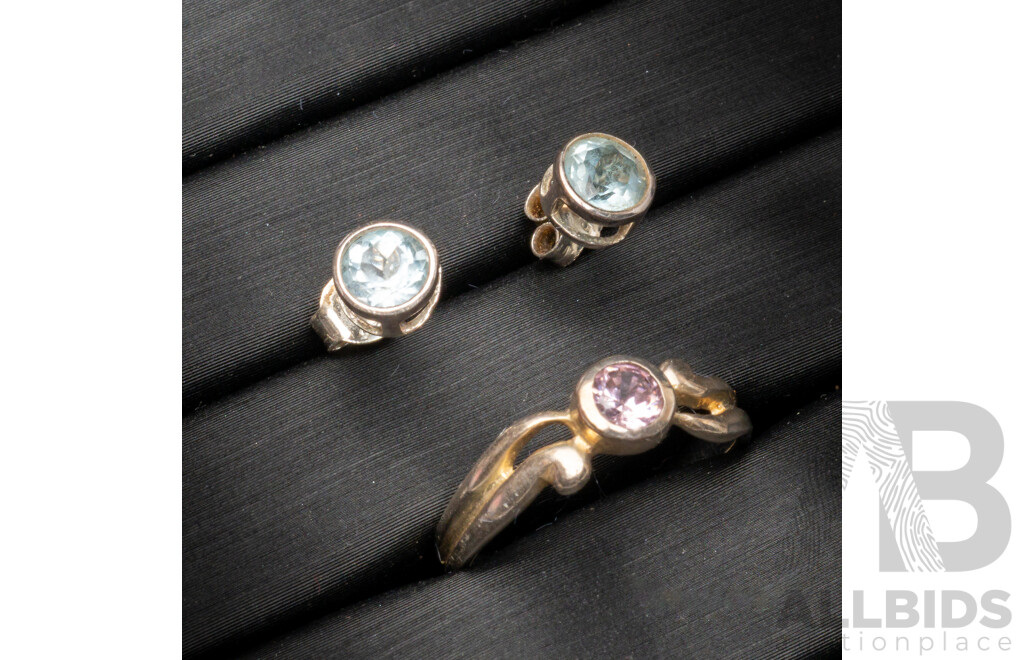 Sterling Silver Topaz Stud Earrings & Sterling Silver Pink Cz Ring, as New with Presentation Boxes, 2.89 Grams
