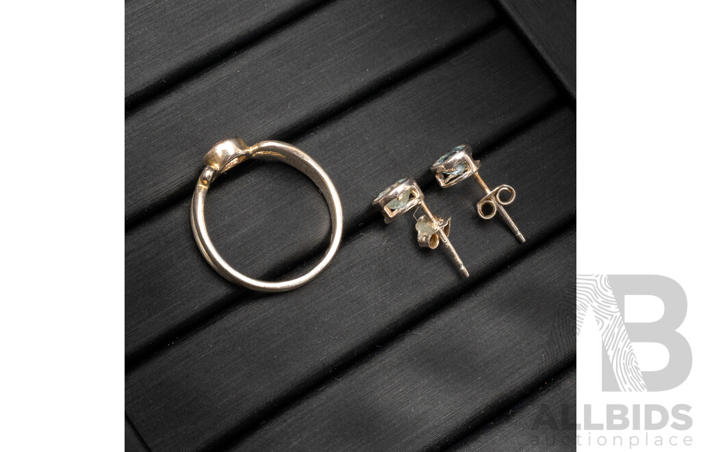 Sterling Silver Topaz Stud Earrings & Sterling Silver Pink Cz Ring, as New with Presentation Boxes, 2.89 Grams