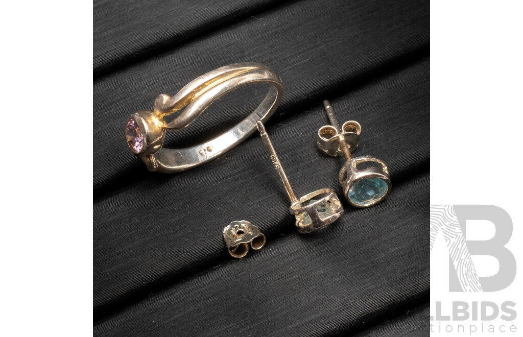 Sterling Silver Topaz Stud Earrings & Sterling Silver Pink Cz Ring, as New with Presentation Boxes, 2.89 Grams