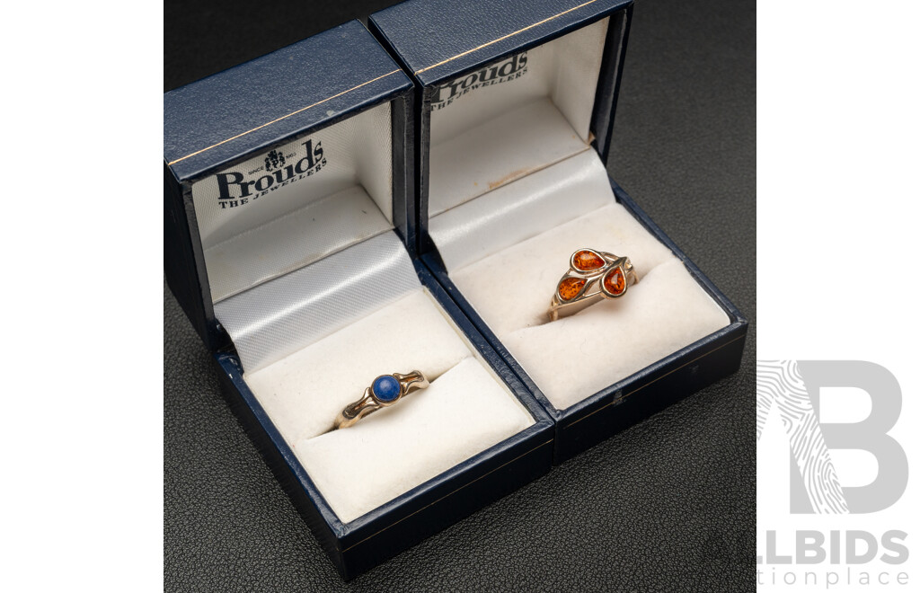 Sterling Silver Amber Cabochon Ring & Sterling Silver Lapis Lazulli Ring, as New Boxed, 4.88 Grams