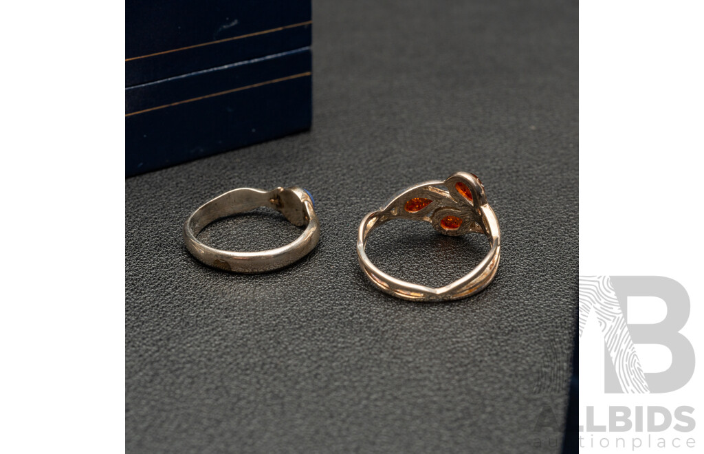 Sterling Silver Amber Cabochon Ring & Sterling Silver Lapis Lazulli Ring, as New Boxed, 4.88 Grams