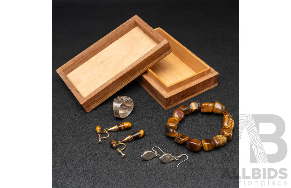 Wooden Parquetry Trinket Box with Sterling Silver Tigers Eye Jewellery Collection Including Ring, Bracelet & Earrings