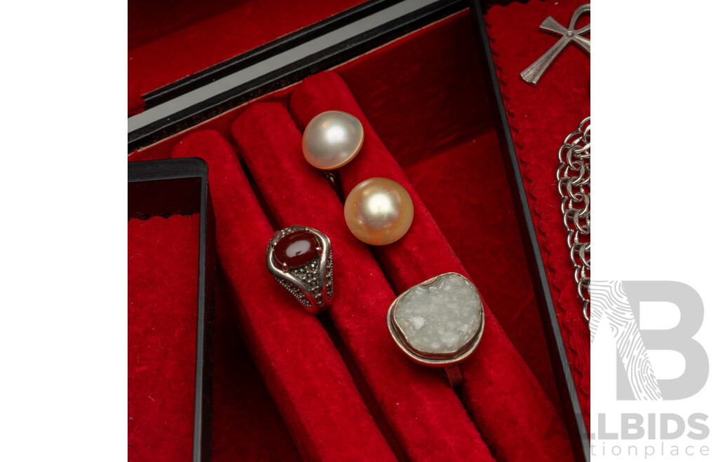 Collection of Sterling Silver Jewellery Including Bangles, Pendants, Bracelet & Earrings 61.68 Grams in Jewel Box