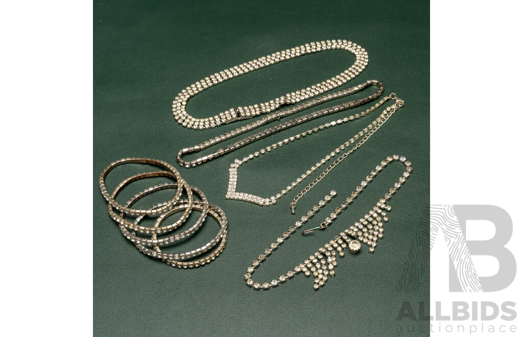 Vintage (4) Diamonte Paste Stone Necklaces & (5) Diamonte Paste Stone Bracelets