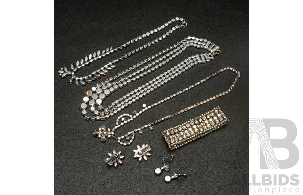 Vintage (3) Diamonté Paste Stone Necklaces & Diamonté Paste Stone Bracelet & (2) pairs clip on earrings