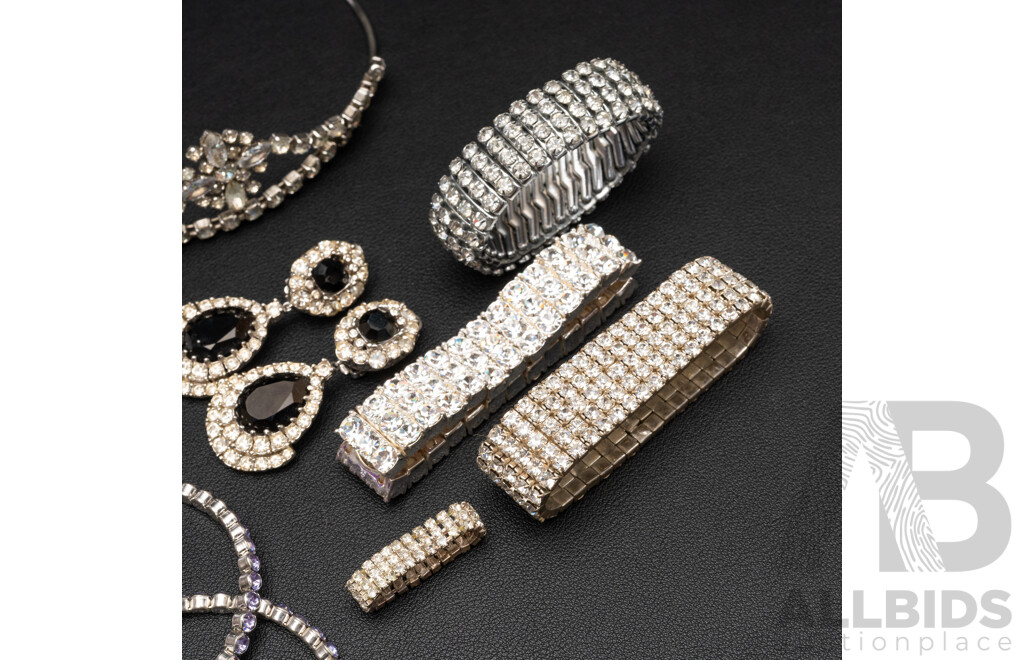 Vintage Diamonté Paste Stone Tiara,  Necklaces & (7) Diamonté Paste Stone stretch Bracelets & black diamonte clip on earrings