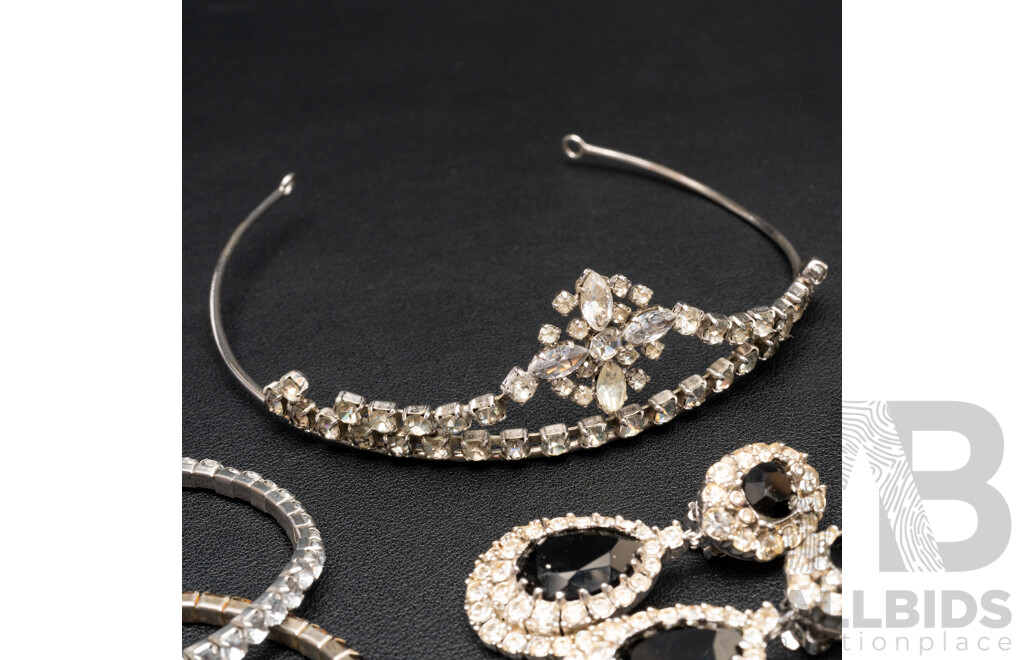 Vintage Diamonté Paste Stone Tiara,  Necklaces & (7) Diamonté Paste Stone stretch Bracelets & black diamonte clip on earrings