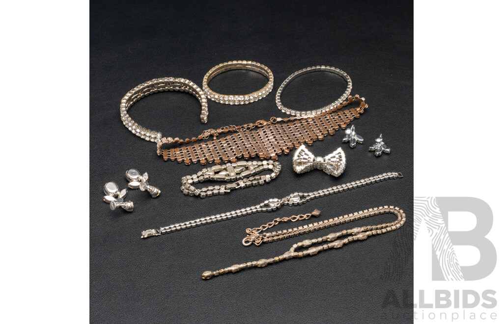 Vintage (2) Diamonté Paste Stone Necklaces & (3) Diamonté Paste Stone Bracelets, (2) Pairs Earrings, Brooch