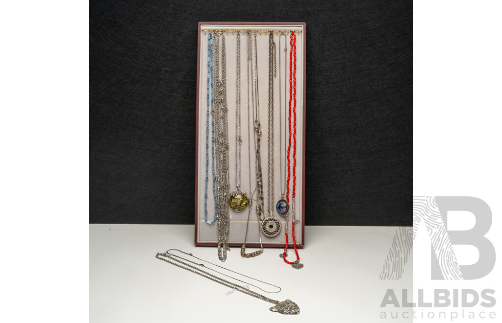 Collection of (10) Silver Tone and Beaded Necklaces, 55cm-100cm Long, on Display Mount