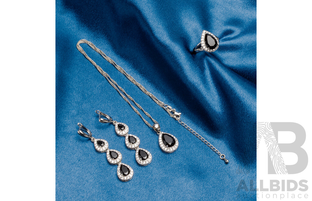 Sterling Silver Gem Set Collection, with Ring, Earrings & Necklace, 20.56 Grams