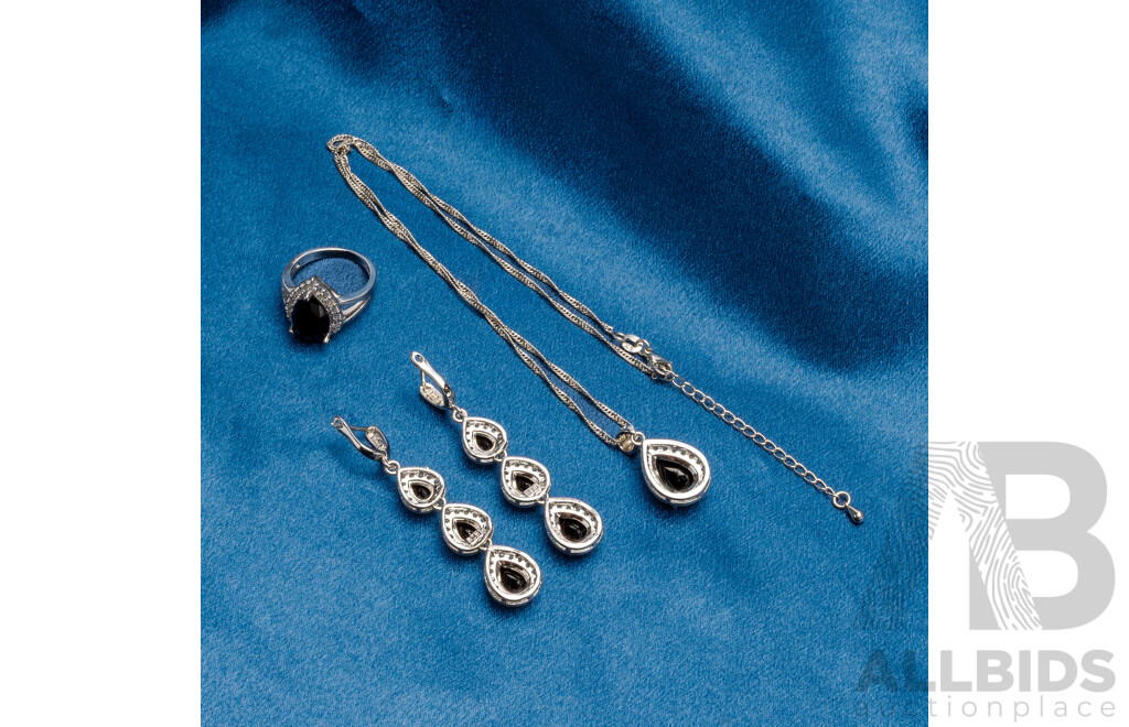 Sterling Silver Gem Set Collection, with Ring, Earrings & Necklace, 20.56 Grams