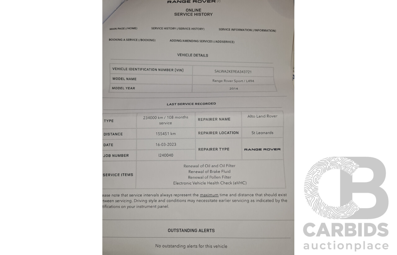 3/2014 Range Rover Sport 3.0 SDV6 Autobiography LW 4d Wagon Mariana Black Metallic Turbo Diesel V6 3.0L