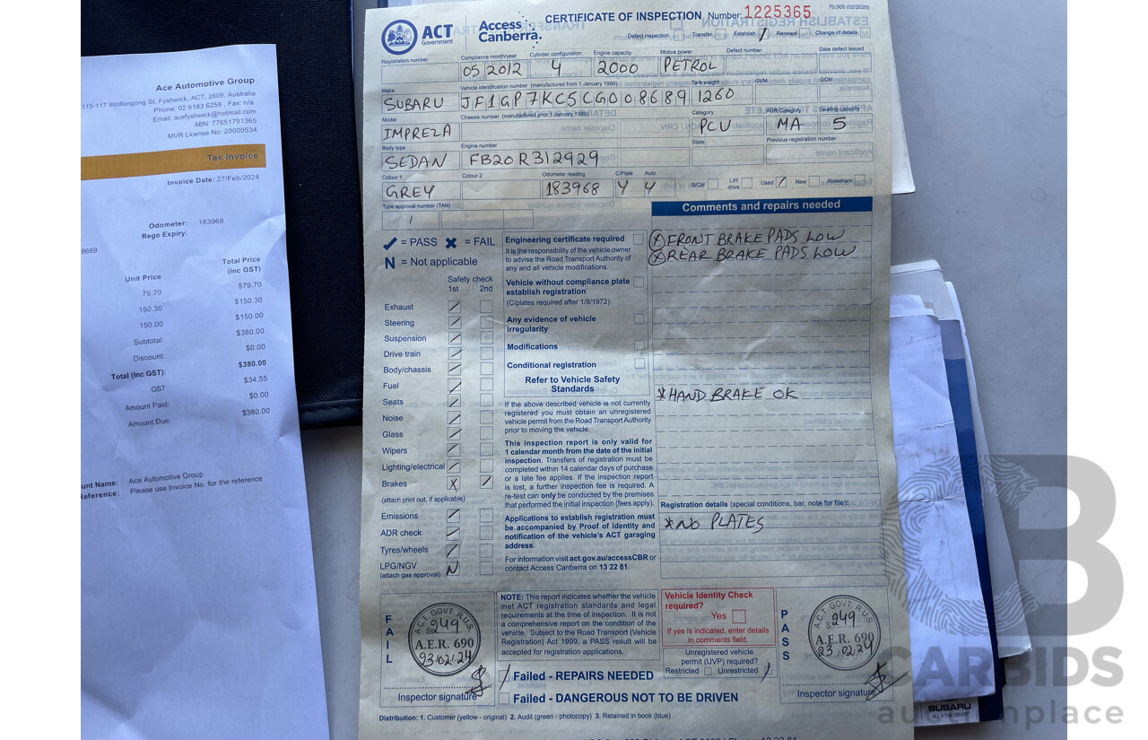 5/2012 Subaru Impreza 2.0i (awd) MY12 4d Sedan Grey 2.0L