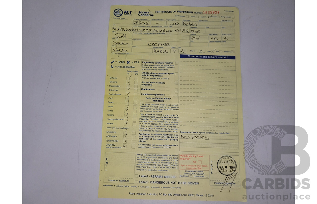 09/2015 Volkswagen Golf 92 TSI Trendline MY16 5D Hatchback White Turbo 1.4L