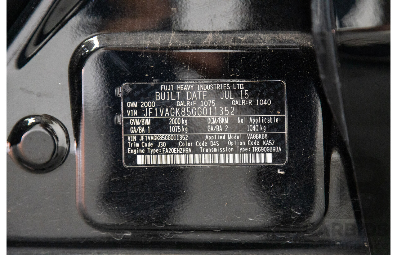 08/2015 Subaru WRX Premium (AWD) MY16 4d Sedan Black Turbo 2.0L