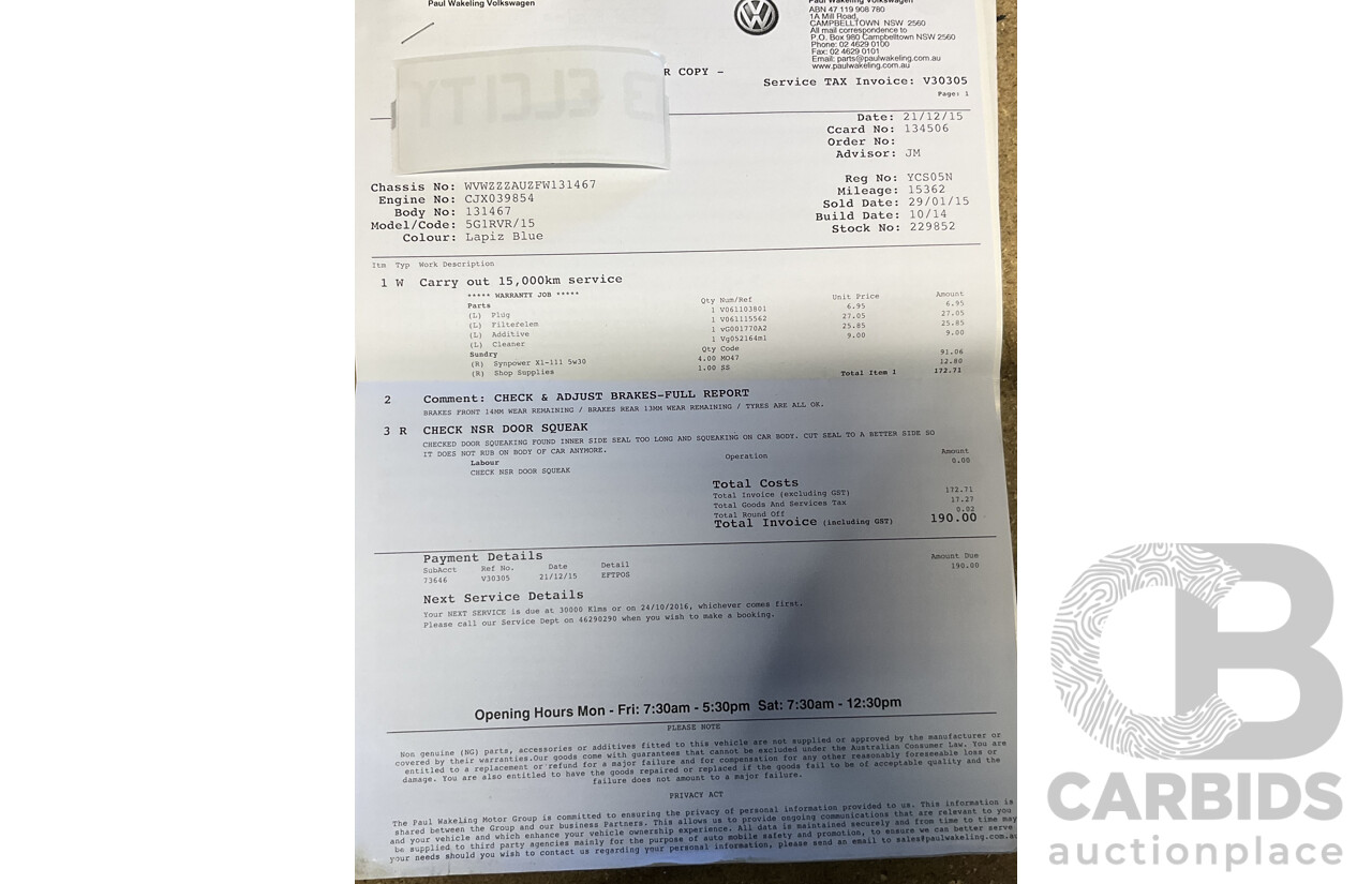 1/2015 Volkswagen Golf R (AWD) MK7 MY15 5d Hatchback Lapiz Blue Turbo 2.0L