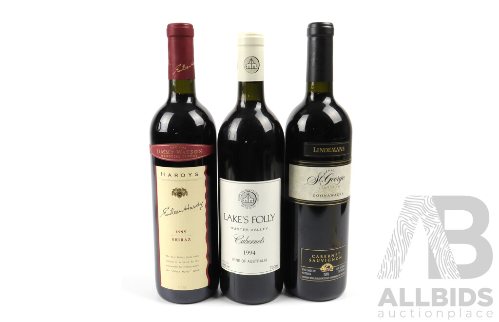 Lot of Three Assorted Red Wines Including Hardys, Lakes Folley and Lindemans