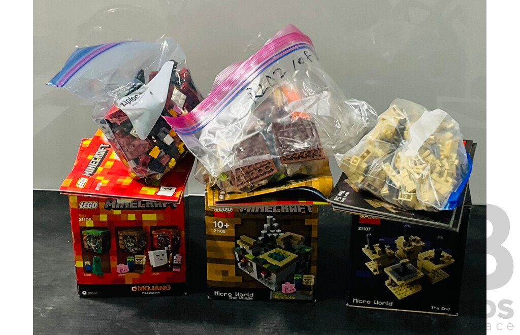 Three Retired Lego Sets, Minecraft 21105, 21106 & 21107, All in Original Boxes