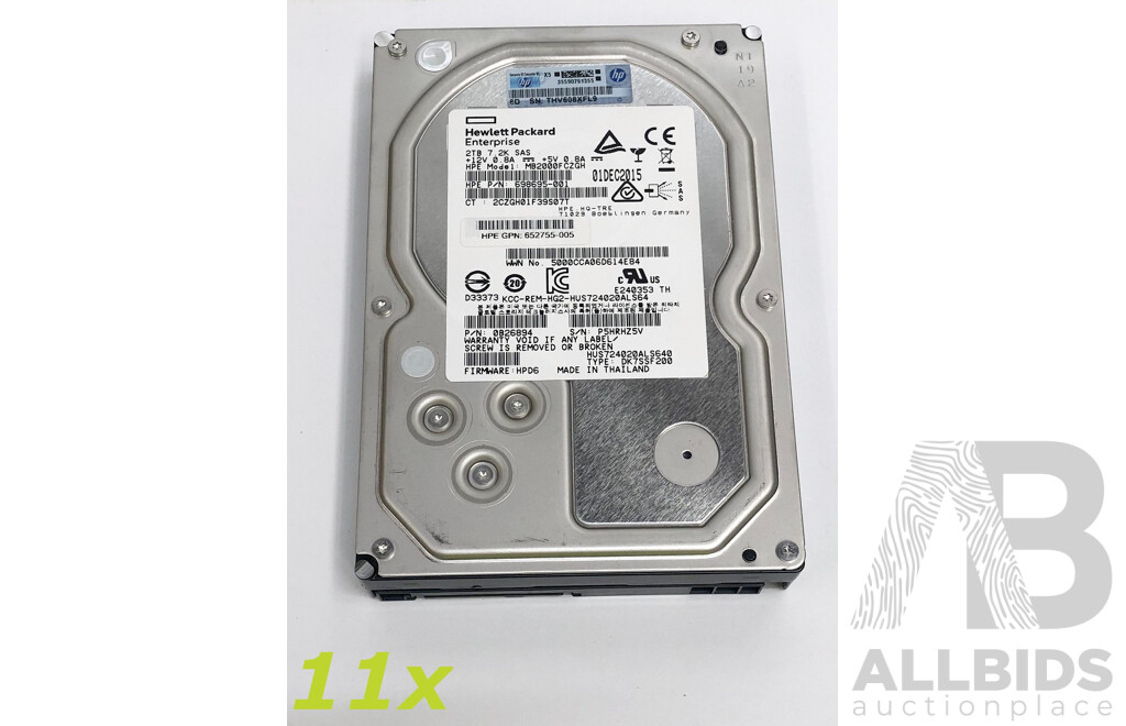 HP (MB2000FCZGH) 2TB 7.2K SAS 3.5-Inch Hard Drive - Lot of 11