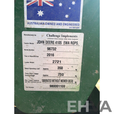 2016 John Deere 4105 FWA ROPS Tractor with 4 in 1 1700mm Bucket and Fieldquip Sabre Lifestyle Series 1500 Slasher