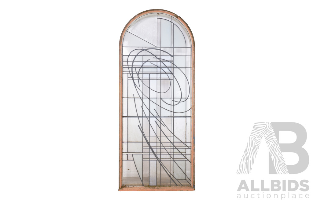 Vintage Stained Glass Arch Window in Timber Frame