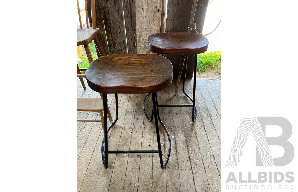 Pair of Modern Metal Based Stools with Timber Top