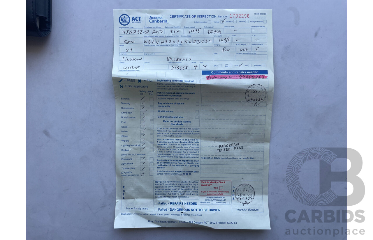 02/13 Bmw X1 sDRIVE 18d RWD E84 MY13 4D Wagon White 2.0L