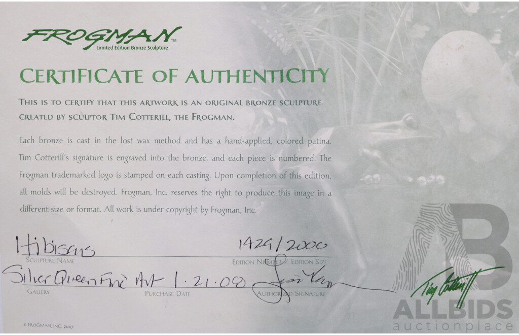 Limited Edition Tim Cotterill, the Frogman 'Hibiscus' Bronze Sculptor, Handpainted with COA 1429/2000