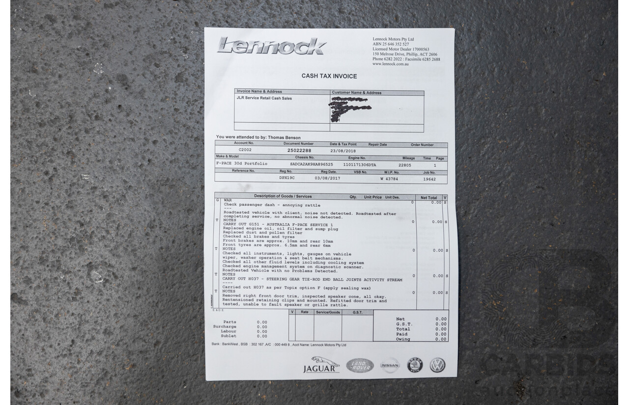 07/2017 Jaguar F-Pace 30d Portfolio (AWD) X761 MY17 4d Wagon Polaris White Twin Turbo Diesel 3.0L