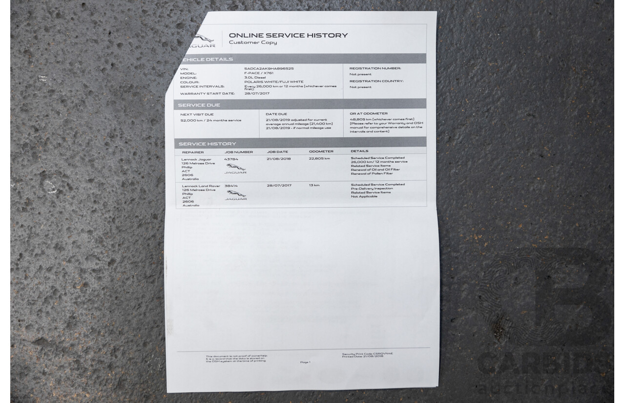 07/2017 Jaguar F-Pace 30d Portfolio (AWD) X761 MY17 4d Wagon Polaris White Twin Turbo Diesel 3.0L