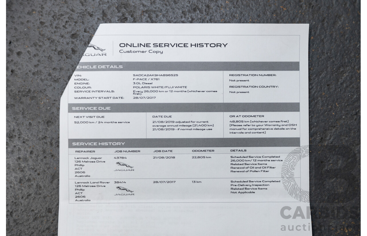 07/2017 Jaguar F-Pace 30d Portfolio (AWD) X761 MY17 4d Wagon Polaris White Twin Turbo Diesel 3.0L