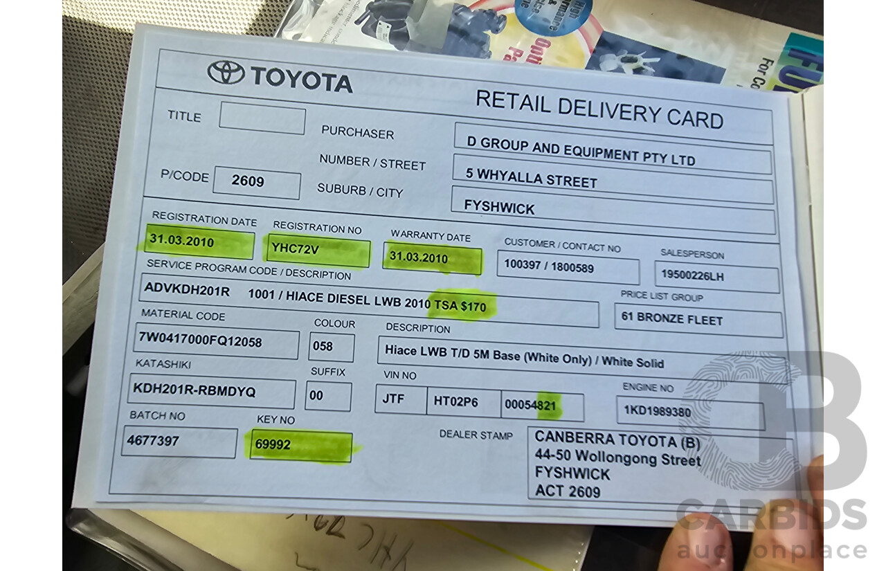 3/2010 Toyota Hiace LWB KDH201R 4d Van White Turbo Diesel 3.0L